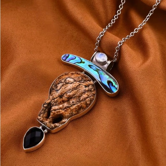 NWT Sajen Silver Picture Jasper Skull/Alien Pendant w/Multi-Gemstones in .925 - Picture 2 of 8